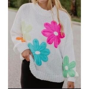 KATYDID Women Off White Floral Applique Knit‎ Sweater Size L NWT